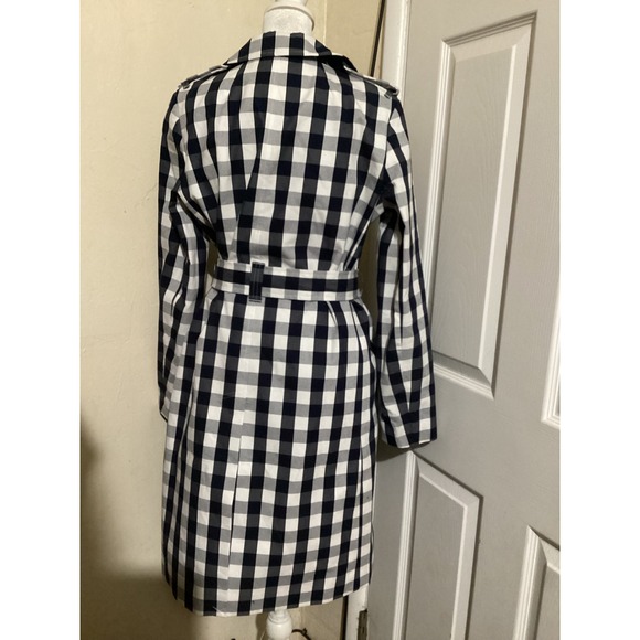 J. Crew Gingham Double Breasted Trench Coat Belted Navy White Women's 4 - Picture 5 of 9